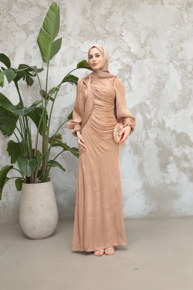 Hulya Keser Vestido Vaina Beige Elegante Con Mangas Largas Ropa al por mayor Modesto