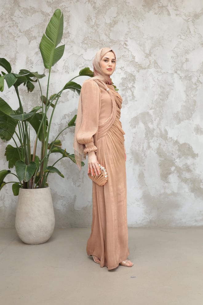 Hulya Keser Elegant Beige Sheath Dress With Long Sleeves Wholesale Clothing Birthday