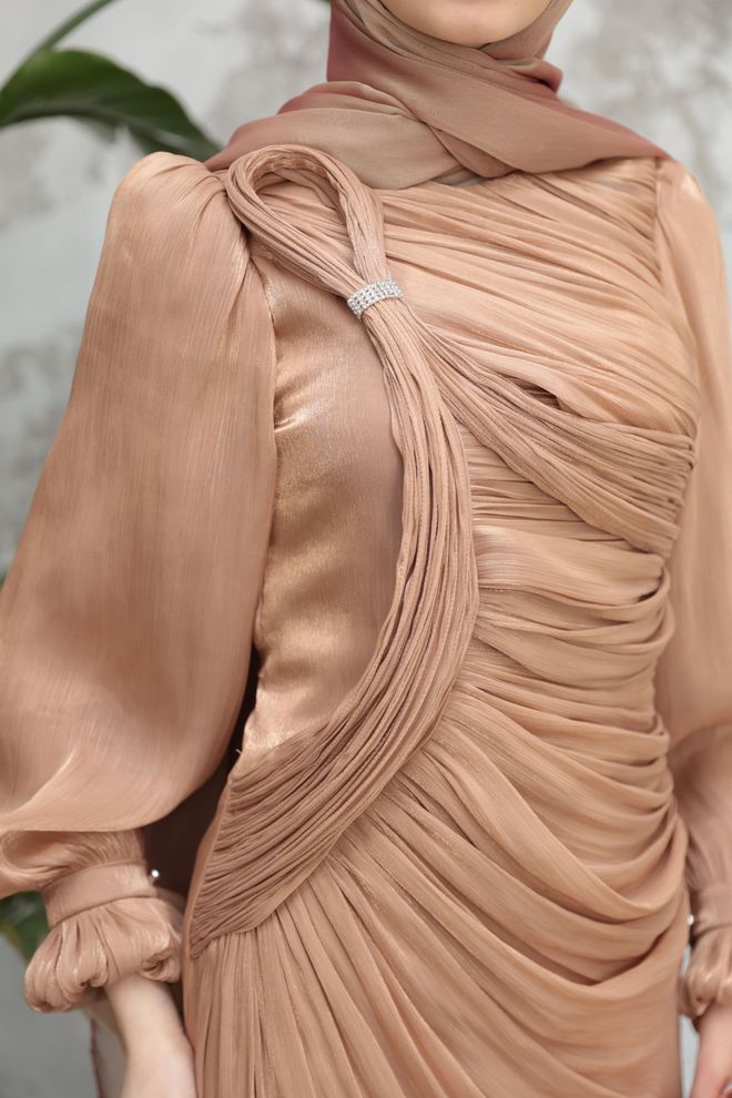 Hulya Keser Elegant Beige Sheath Dress With Long Sleeves Wholesale Clothing Elegant