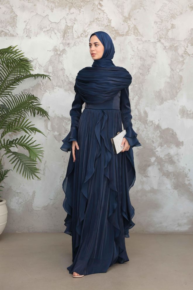 Hulya Keser Navy Blue Modest Elegant Formal Dress Wholesale Clothing Spring