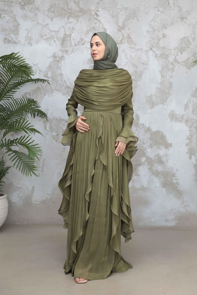 Hulya Keser Зелена Елегантна Официална Рокля С А силует Дрехи на едро 1