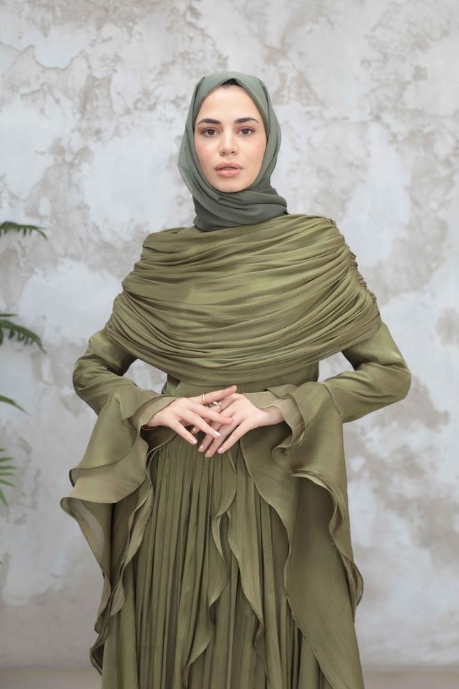 Hulya Keser Зелена Елегантна Официална Рокля С А силует Дрехи на едро Коледа