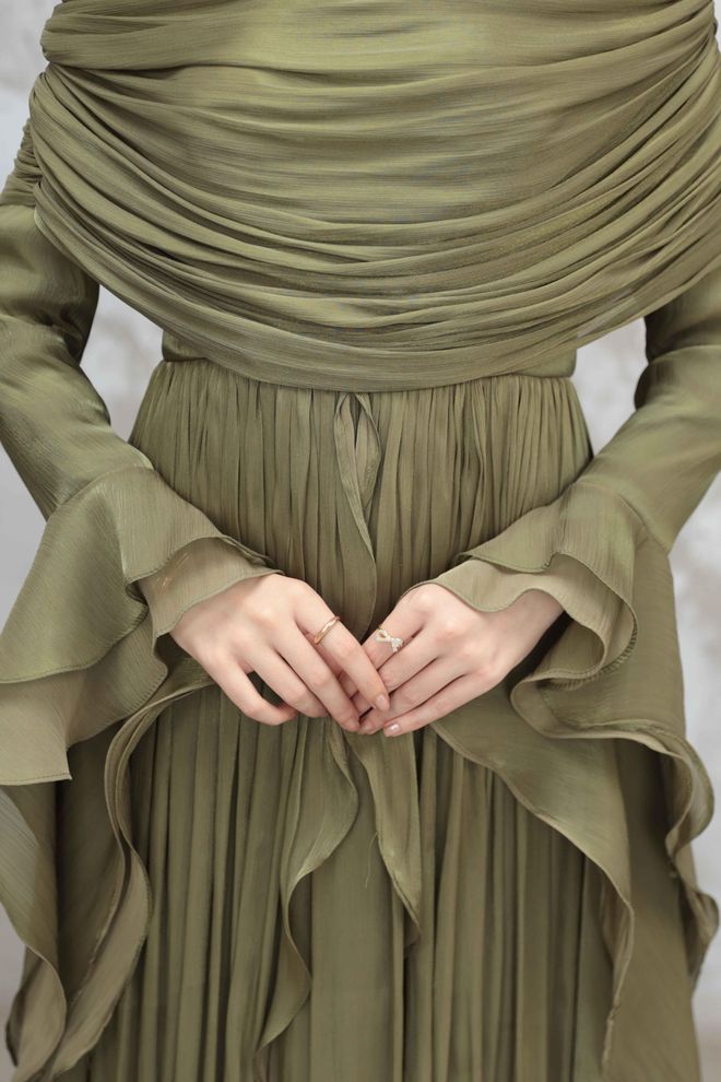 Hulya Keser Зелена Елегантна Официална Рокля С А силует Дрехи на едро Официален