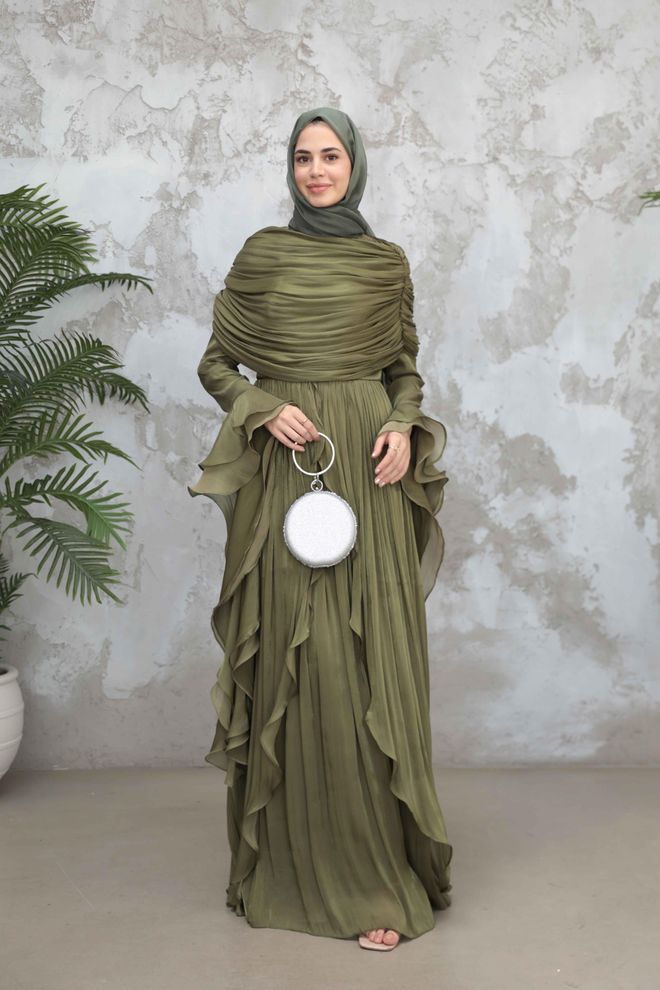 Hulya Keser Grünes Elegantes Formelles A Linien Kleid Großhandelskleidung Modest