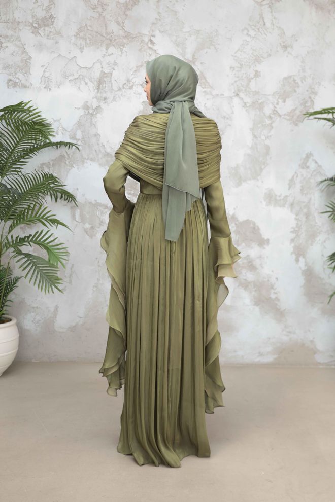 Hulya Keser Зелена Елегантна Официална Рокля С А силует Дрехи на едро Коктейл