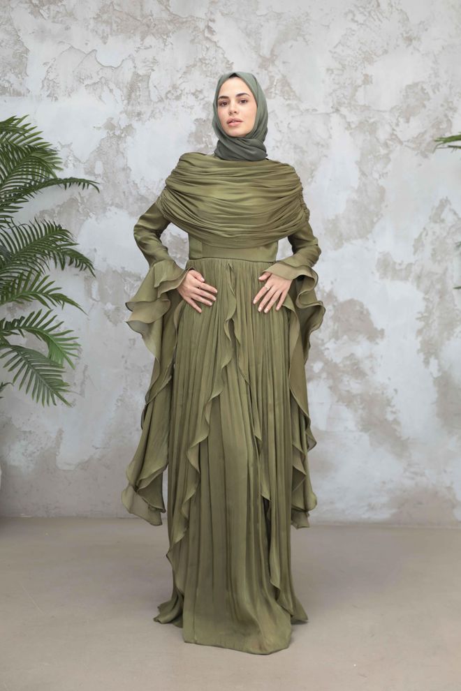 Hulya Keser Зелена Елегантна Официална Рокля С А силует Дрехи на едро Есен