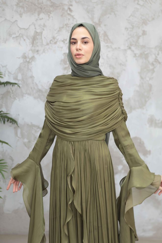 Hulya Keser Зелена Елегантна Официална Рокля С А силует Дрехи на едро Пролет