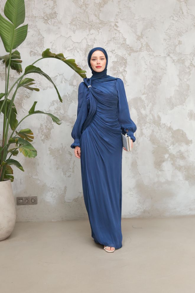 Hulya Keser Marineblau Modest Elegant Formal Mantel Kleid Großhandelskleidung Modest