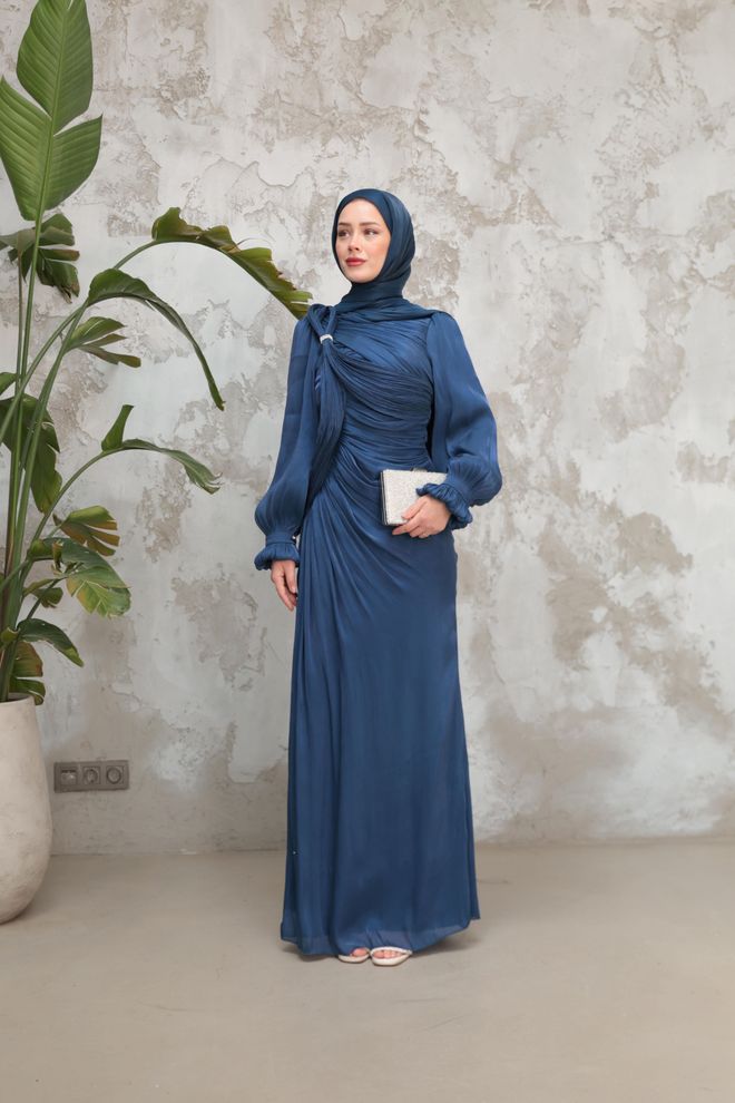 Hulya Keser Navy Blue Modest Elegant Formal Sheath Dress Wholesale Clothing Formal