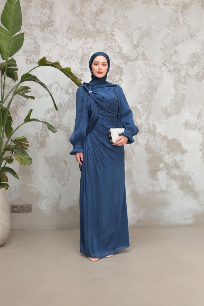 Hulya Keser Navy Blue Modest Elegant Formal Sheath Dress Wholesale Clothing Elegant