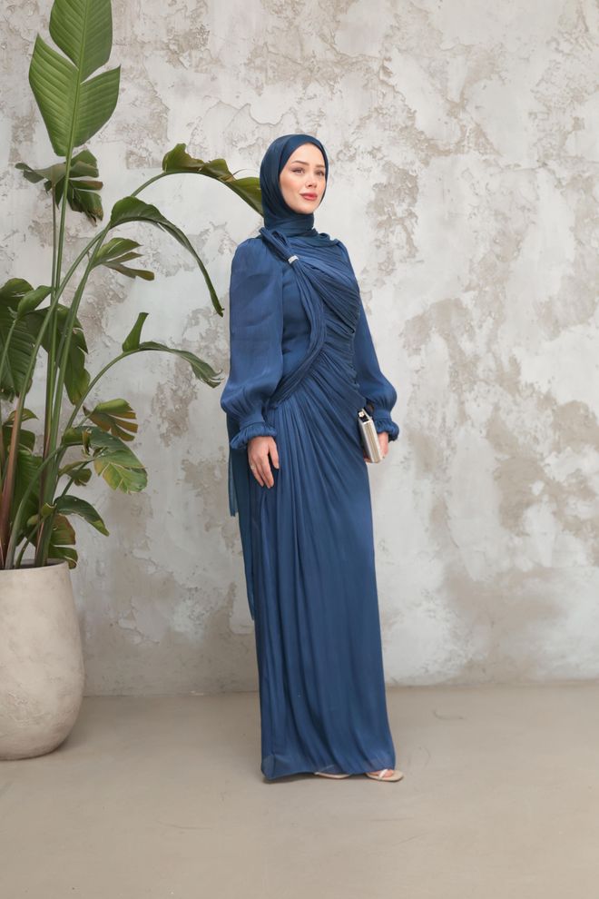 Hulya Keser Navy Blue Modest Elegant Formal Sheath Dress Wholesale Clothing Fall