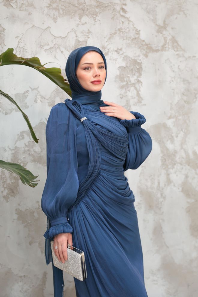 Hulya Keser Navy Blue Modest Elegant Formal Sheath Dress Wholesale Clothing Cocktail