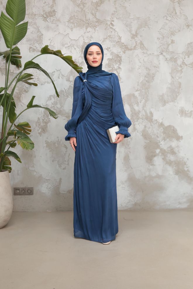 Hulya Keser Navy Blue Modest Elegant Formal Sheath Dress Wholesale Clothing 9