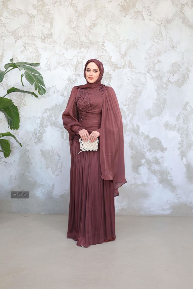 Hulya Keser Elegantes Bordeauxrotes Sheath Kleid Mit Ballonärmeln Großhandelskleidung Modest