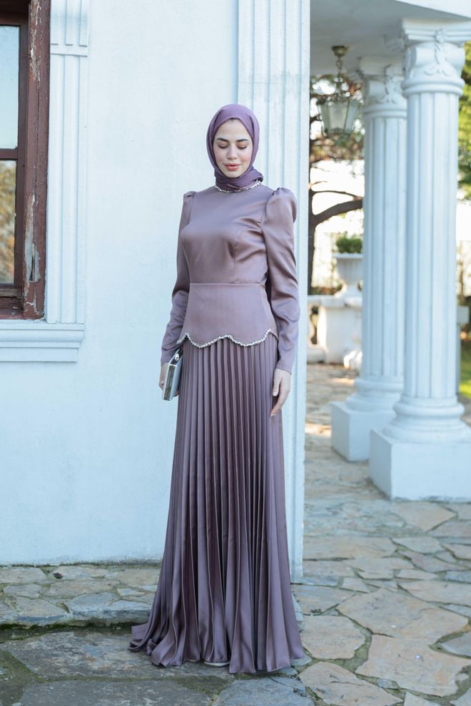 Hulya Keser Purple Fit And Flare Dress With Puff Sleeves Wholesale Clothing 1