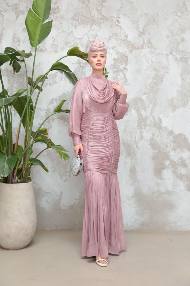 Hulya Keser Vestido Rosa Elegante De Vaina Con Cuello Alto Ropa al por mayor Modesto