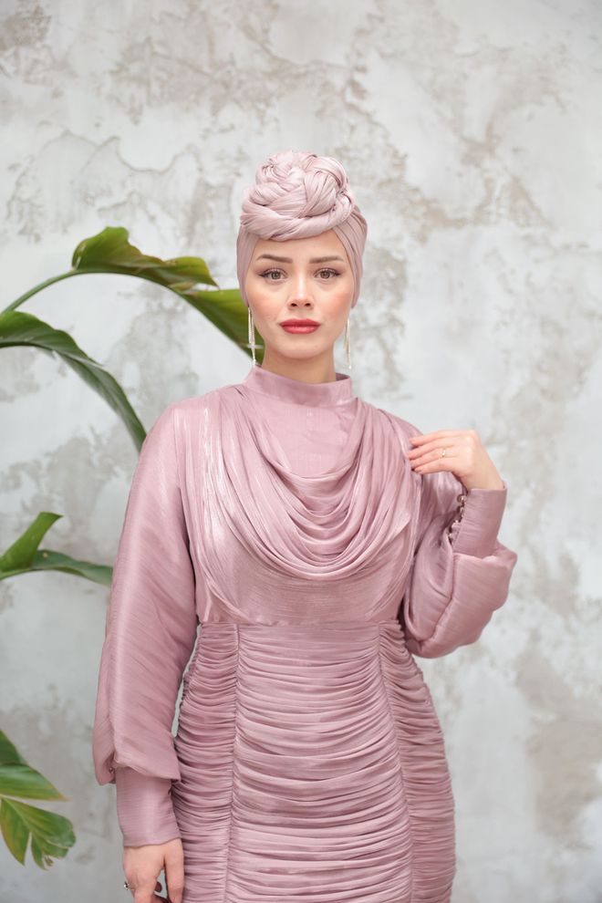 Hulya Keser Pink Elegant Sheath Dress With High Neck Wholesale Clothing 1