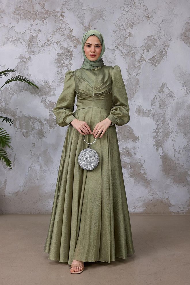 Hulya Keser Grünes Elegantes Bescheidenes A Linien Kleid Mit Puffärmeln Großhandelskleidung Modest