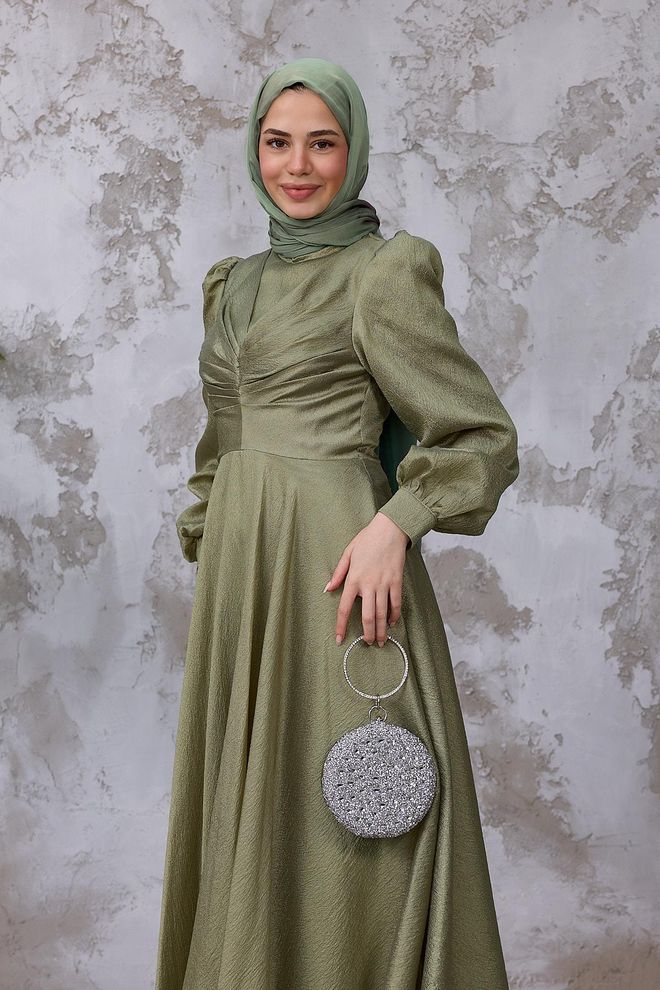 Hulya Keser Green Elegant Modest A Line Dress With Puff Sleeves Wholesale Clothing Formal