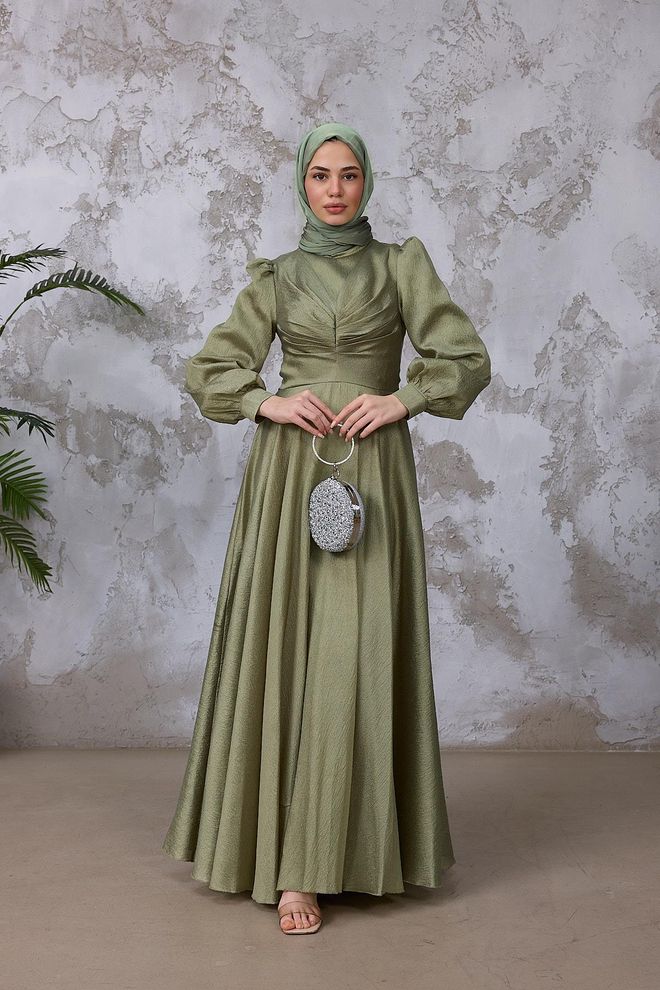 Hulya Keser Green Elegant Modest A Line Dress With Puff Sleeves Wholesale Clothing Work