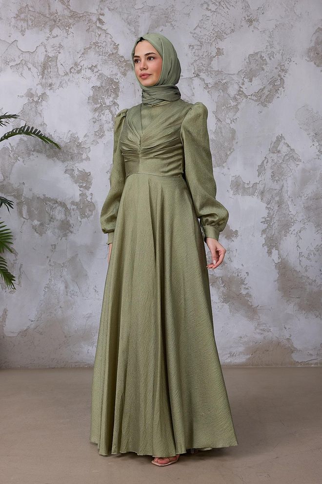 Hulya Keser Green Elegant Modest A Line Dress With Puff Sleeves Wholesale Clothing Fall