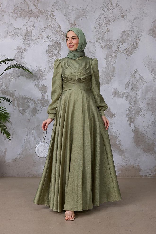Hulya Keser Green Elegant Modest A Line Dress With Puff Sleeves Wholesale Clothing 1