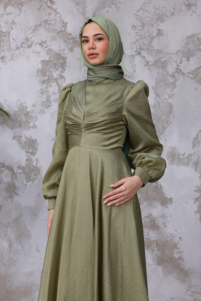 Hulya Keser Green Elegant Modest A Line Dress With Puff Sleeves Wholesale Clothing Elegant