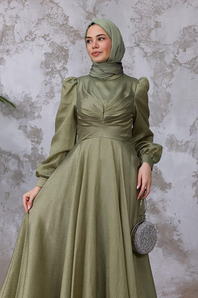 Hulya Keser Green Elegant Modest A Line Dress With Puff Sleeves Wholesale Clothing 5