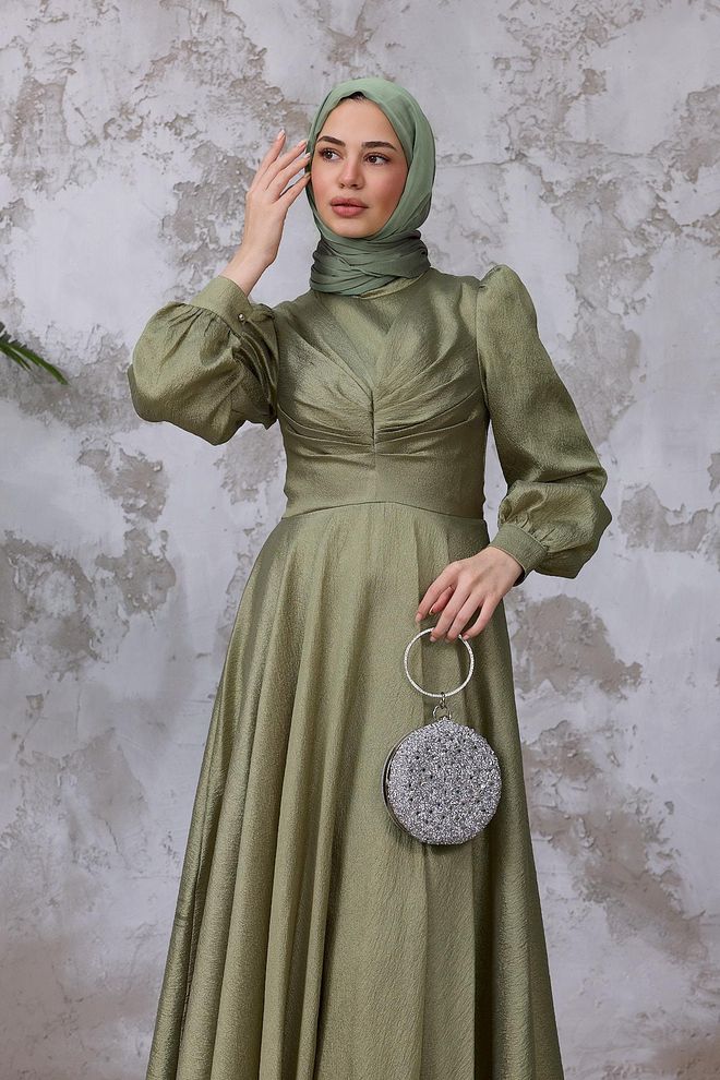Hulya Keser Green Elegant Modest A Line Dress With Puff Sleeves Wholesale Clothing Spring