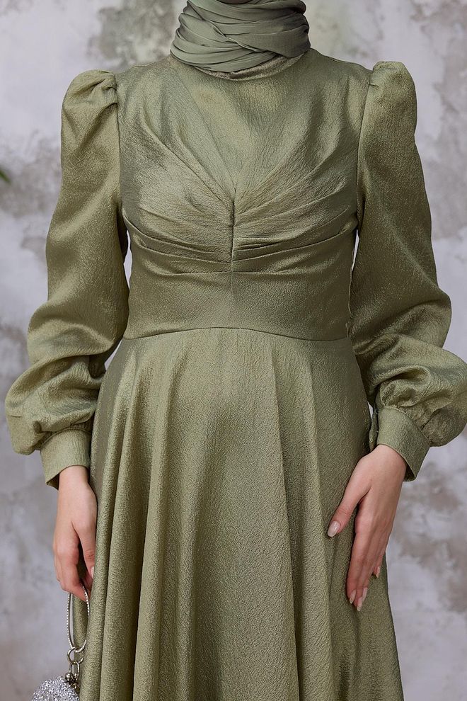 Hulya Keser Green Elegant Modest A Line Dress With Puff Sleeves Wholesale Clothing Christmas