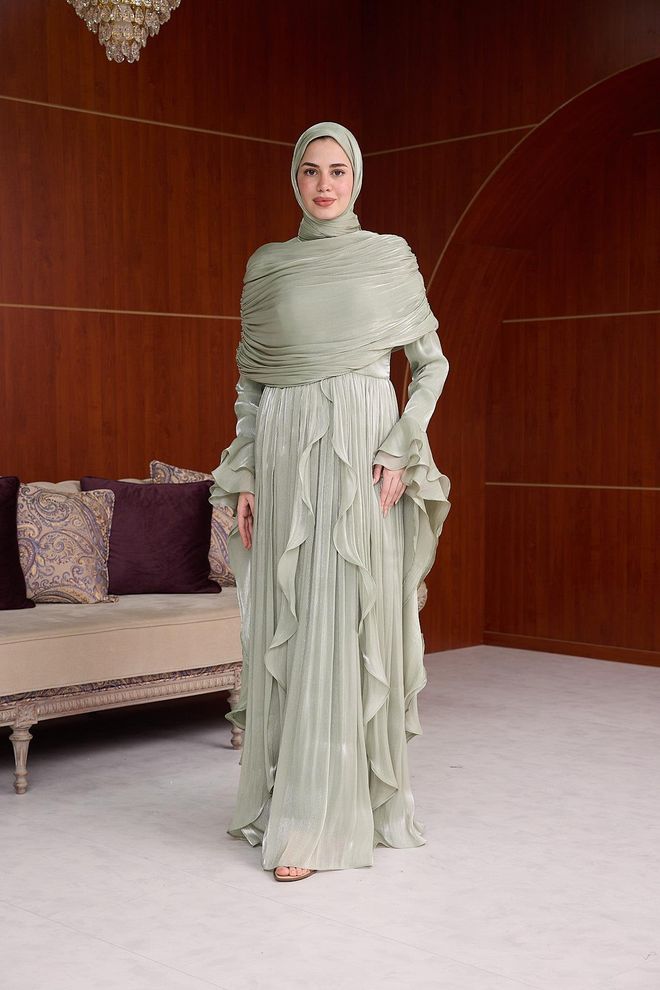 Hulya Keser Beiges Ethnisches Elegantes A Linien Kleid Großhandelskleidung Modest