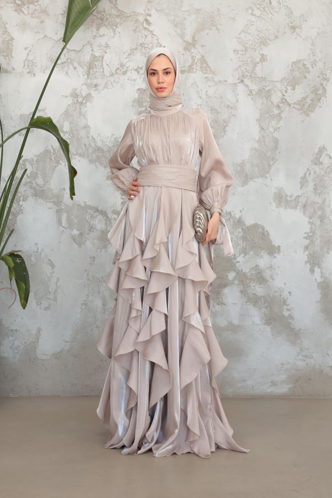 Hulya Keser Beiges Modest Elegantes Fit And Flare Kleid Großhandelskleidung Modest