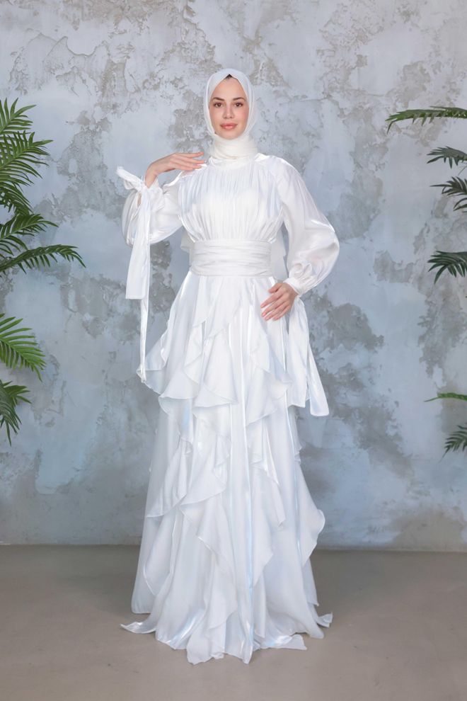 Hulya Keser Vestido Elegante Blanco Fit And Flare Ropa al por mayor Modesto