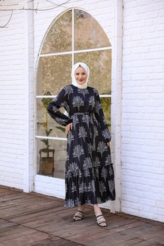 Una modelo de ropa al por mayor lleva HUL10065 - Turquoise Dress - Black, Vestido turco al por mayor de Hulya Keser