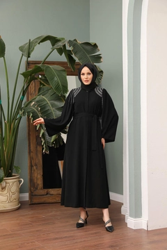 A wholesale clothing model wears HUL10147 - Shoulder Stone Abaya - Black, Turkish wholesale Abaya of Hulya Keser