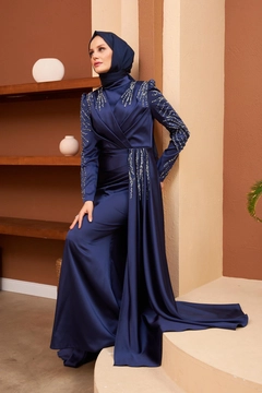 A wholesale clothing model wears hul10340-azra-evening-dress-navy-blue, Turkish wholesale Dress of Hulya Keser