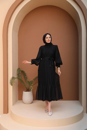 A wholesale clothing model wears  Pleated Balloon Sleeve Evening Dress - Black
, Turkish wholesale Dress of Hulya Keser