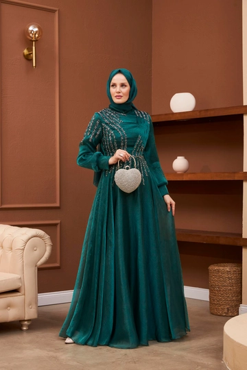 A wholesale clothing model wears  Asya Evening Dress - Emerald Green
, Turkish wholesale Dress of Hulya Keser