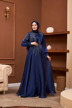 A wholesale clothing model wears hul10431-asya-evening-dress-navy-blue, Turkish wholesale Dress of Hulya Keser