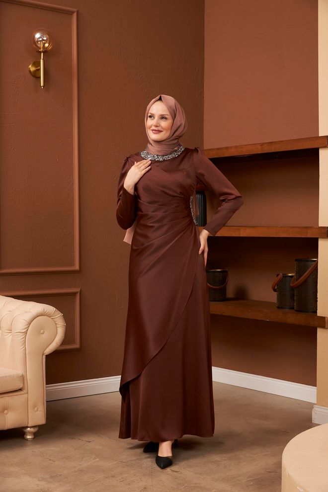 Hulya Keser Ümran Evening Dress Brown Wholesale Clothing Modest