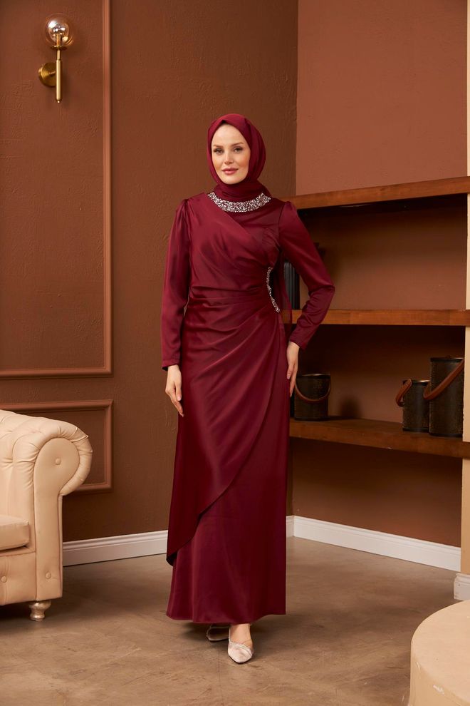 Hulya Keser Ümran Evening Dress Claret Red Wholesale Clothing Modest