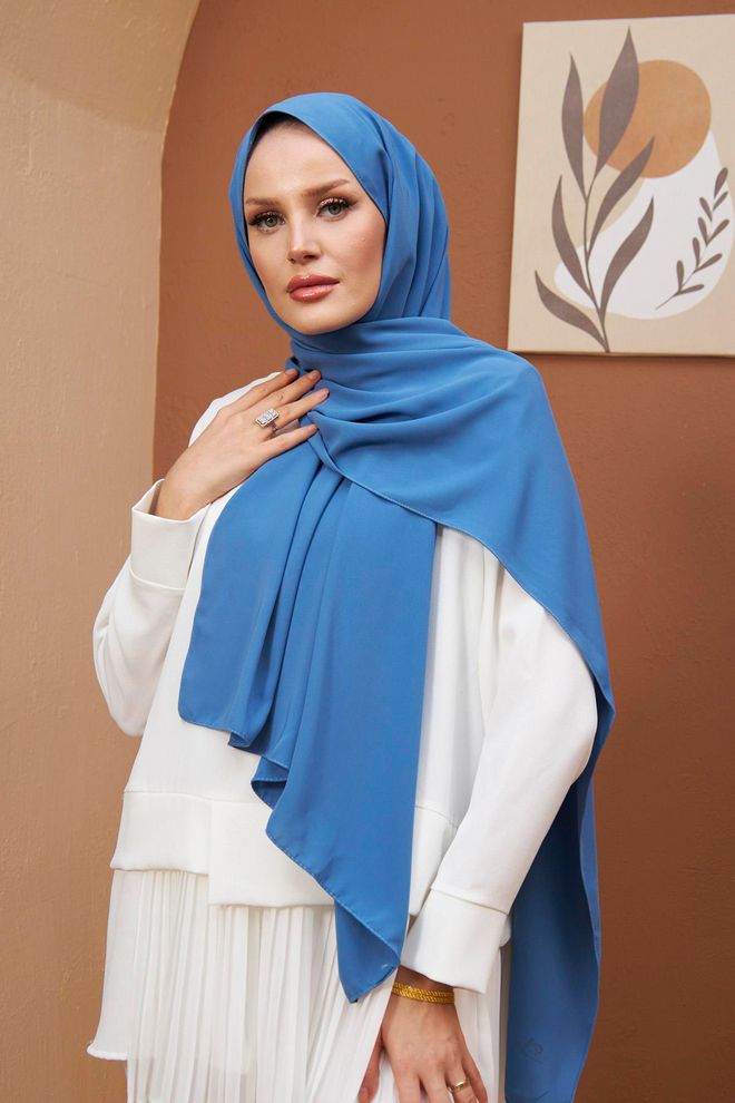 Hulya Keser شال حرير المدينة المنورة أزرق ملابس بالجملة محتشم