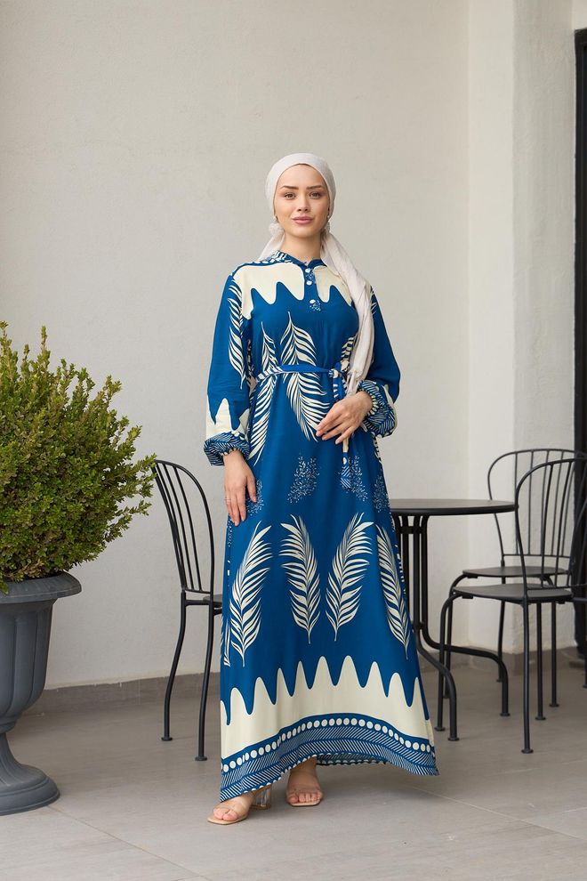 Hulya Keser فستان فيسكوز بياقة مربوطة عند الخصر أزرق ملابس بالجملة رَسمِيّ