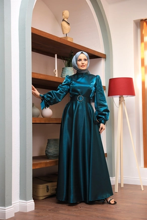 A model wears 47332 - Evening Dress - Blue, wholesale Dress of Hulya Keser to display at Lonca