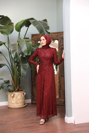 A model wears 47349 - Evening Dress - Claret Red, wholesale Dress of Hulya Keser to display at Lonca