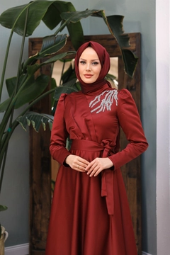 A wholesale clothing model wears 47340 - Evening Dress - Claret Red, Turkish wholesale Dress of Hulya Keser