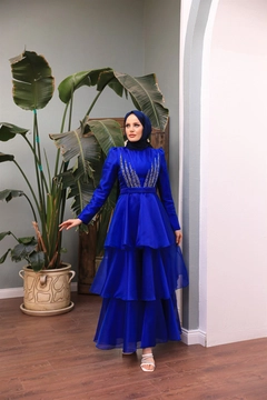 A wholesale clothing model wears 47357 - Evening Dress - Sax, Turkish wholesale Dress of Hulya Keser