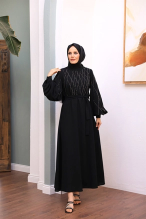 A model wears 47352 - Evening Dress - Black, wholesale Dress of Hulya Keser to display at Lonca
