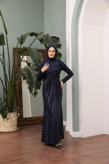 A wholesale clothing model wears  Evening Dress - Navy Blue
, Turkish wholesale Dress of Hulya Keser