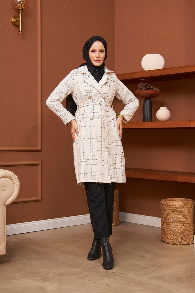 Hulya Keser معطف تويد كريمي ملابس بالجملة محتشم